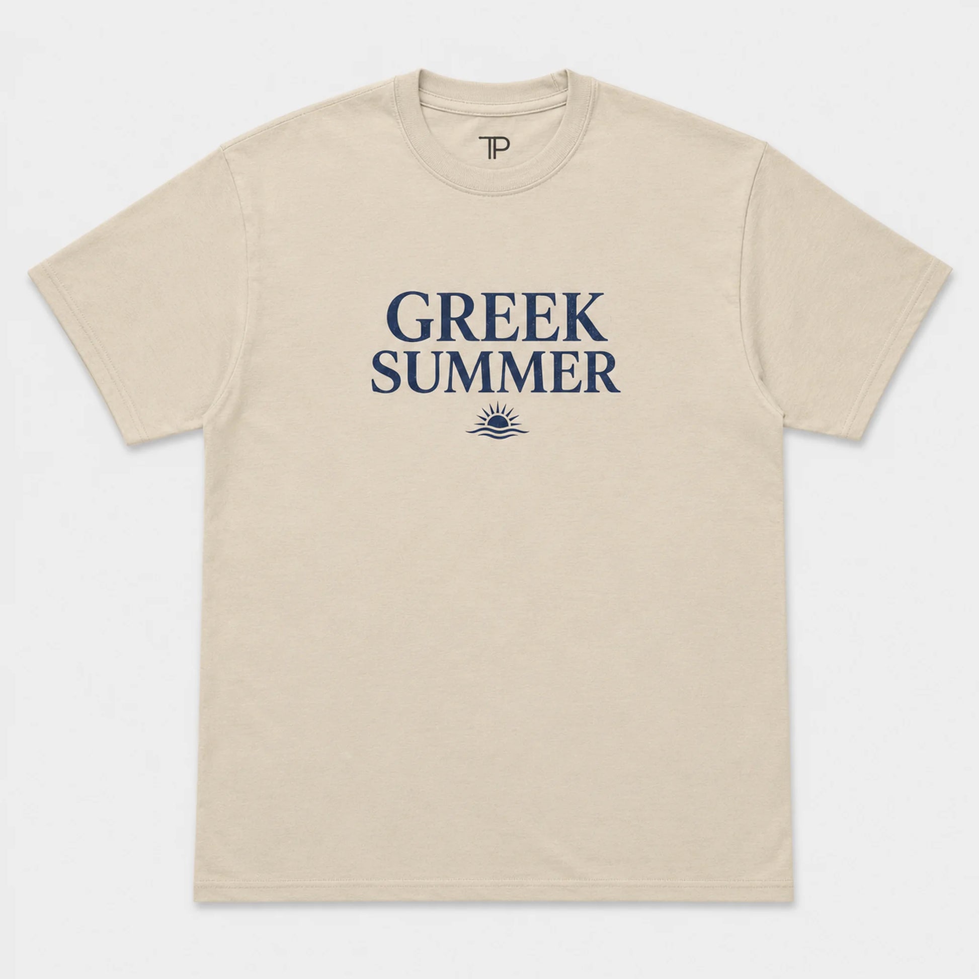 A beige crewneck t-shirt with 'GREEK SUMMER' printed in navy blue text and a small sun graphic on the chest, displayed flat against a light gray background.