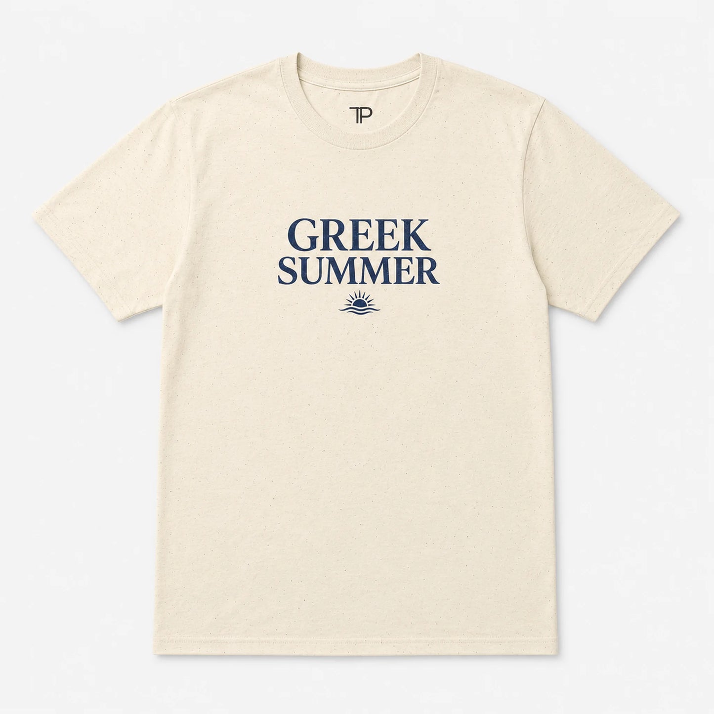 A cream-colored short-sleeve t-shirt with 'GREEK SUMMER' printed in navy blue on the chest, accompanied by a small sun graphic below. The inner collar features a small 'TP' logo.