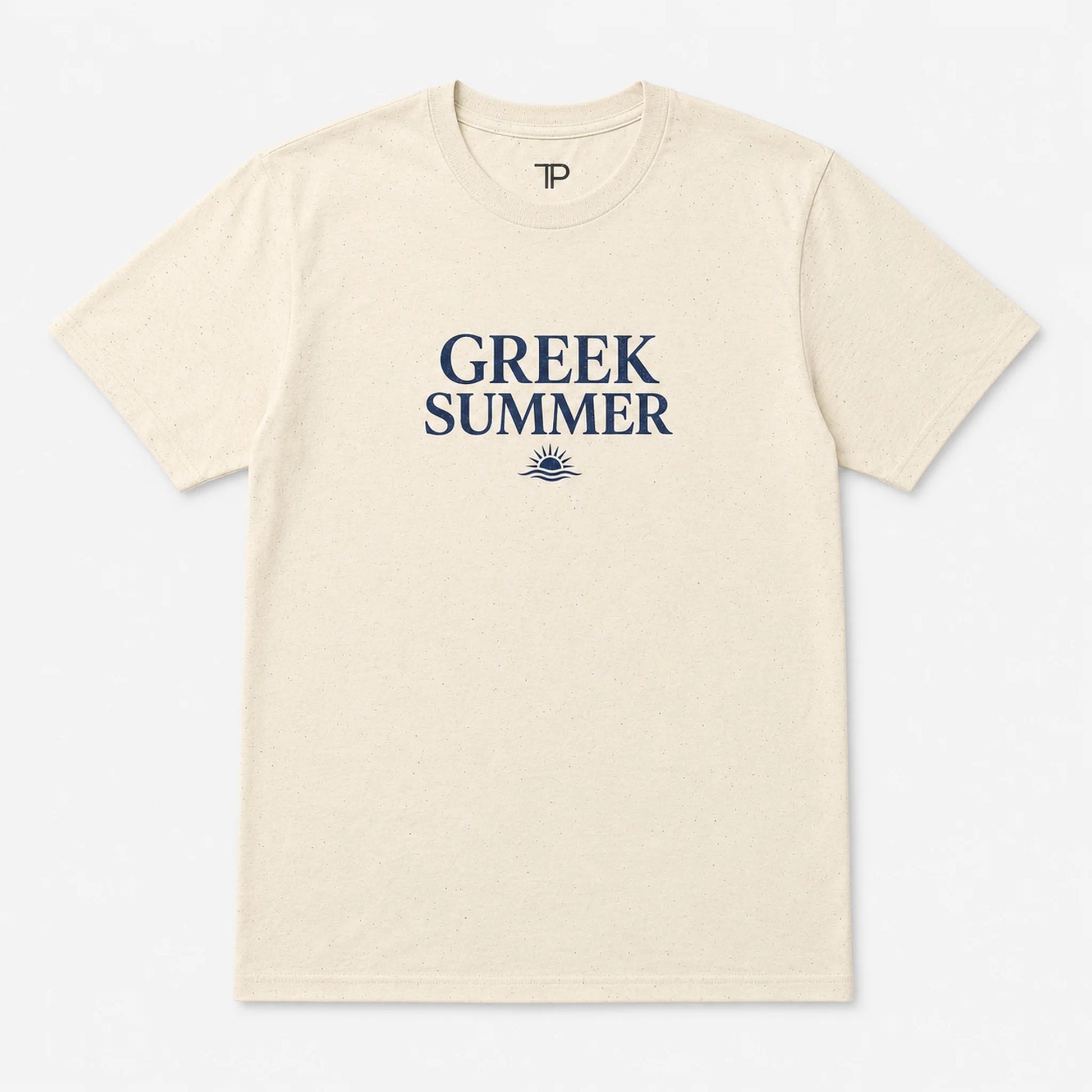 A cream-colored short-sleeve t-shirt with 'GREEK SUMMER' printed in navy blue on the chest, accompanied by a small sun graphic below. The inner collar features a small 'TP' logo.