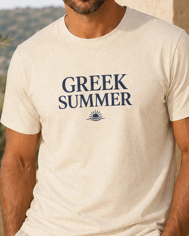 Greek Summer Essential T-Shirt in Natural with navy wordmark and sun-and-wave emblem