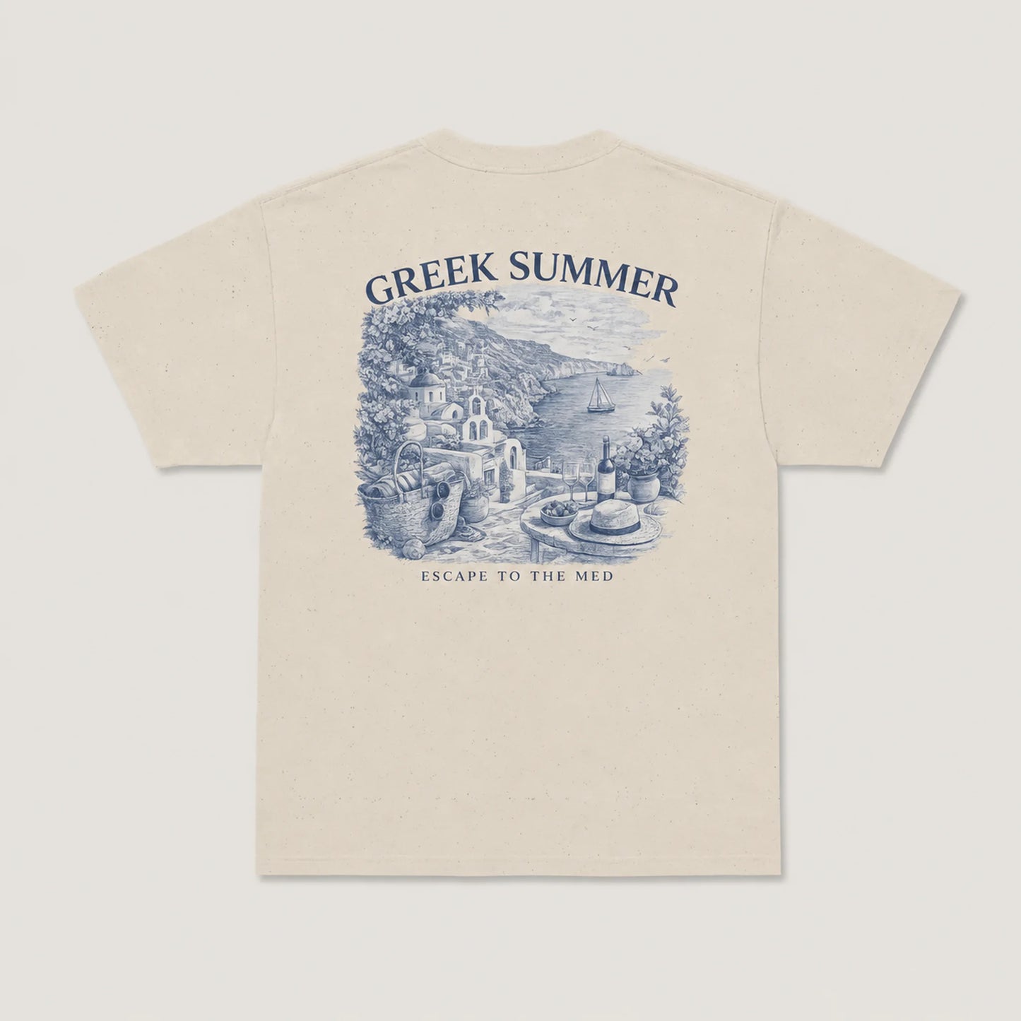 Beige t-shirt with blue graphic and 'Greek Summer' text on a white background