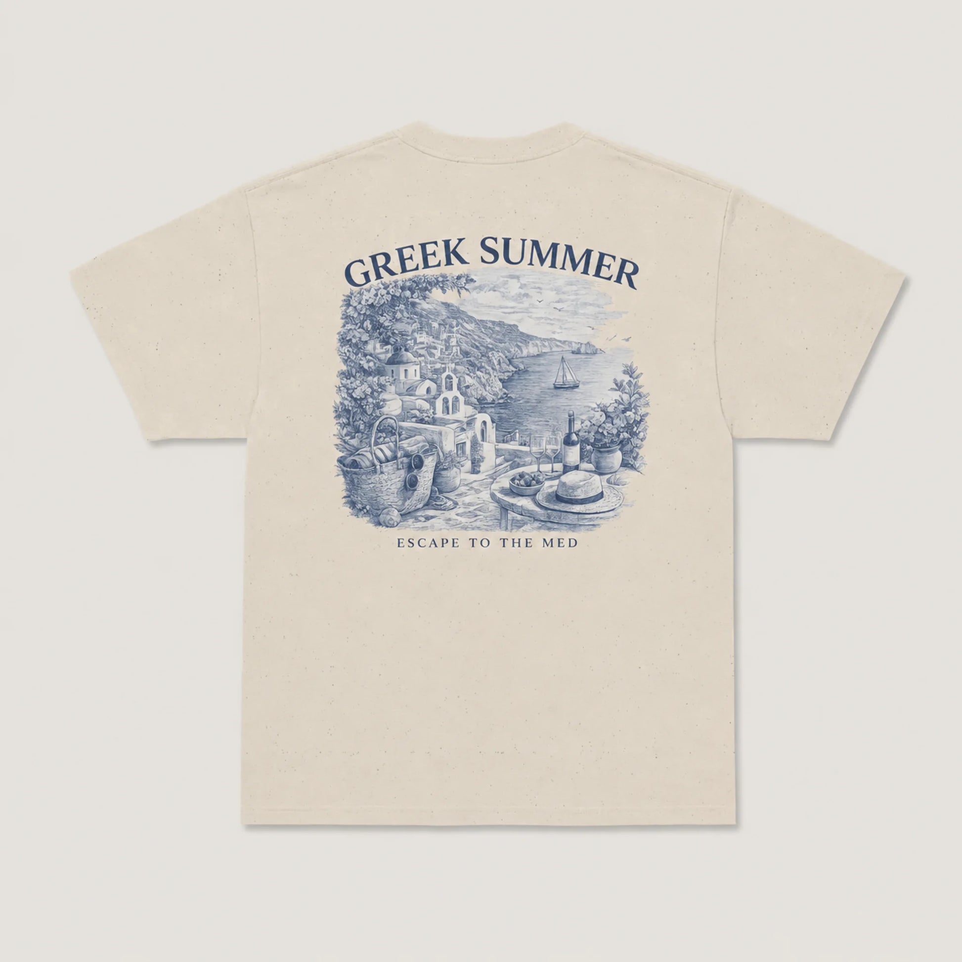 Beige t-shirt with blue graphic and 'Greek Summer' text on a white background