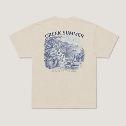 Beige t-shirt with blue graphic and 'Greek Summer' text on a white background