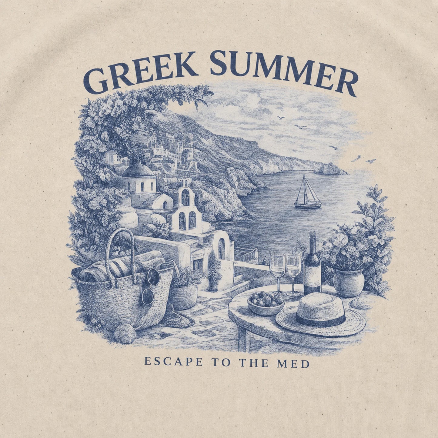 Illustration of a Greek coastal scene with text 'Greek Summer: Escape to the Med' on a beige background.