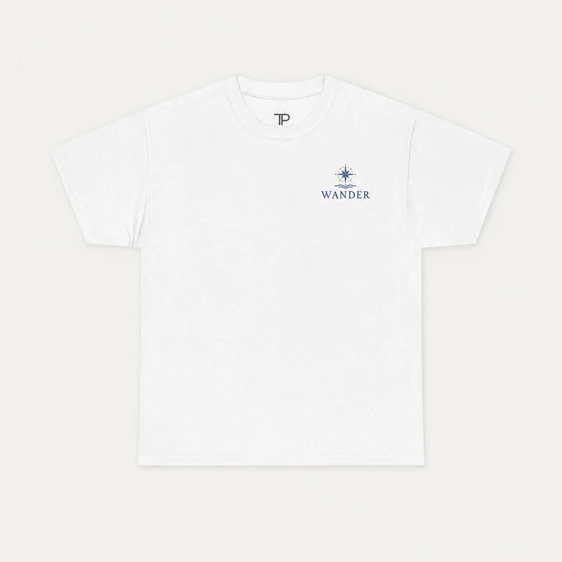 White  t-shirt with a logo and text on a soft beige background