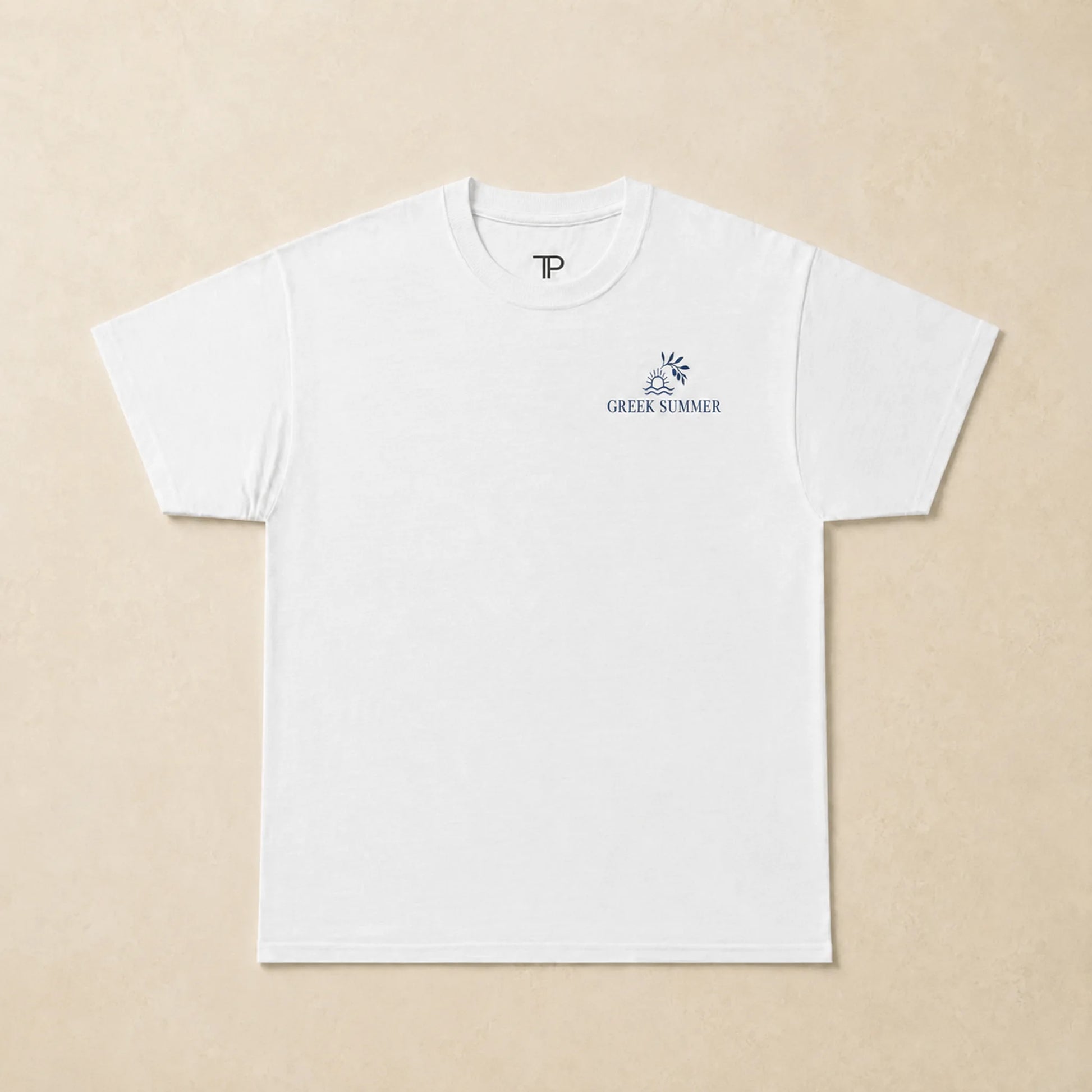 White t-shirt with a logo and text on a beige background