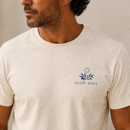 Man wearing a 'Slow Days' t-shirt close up detail