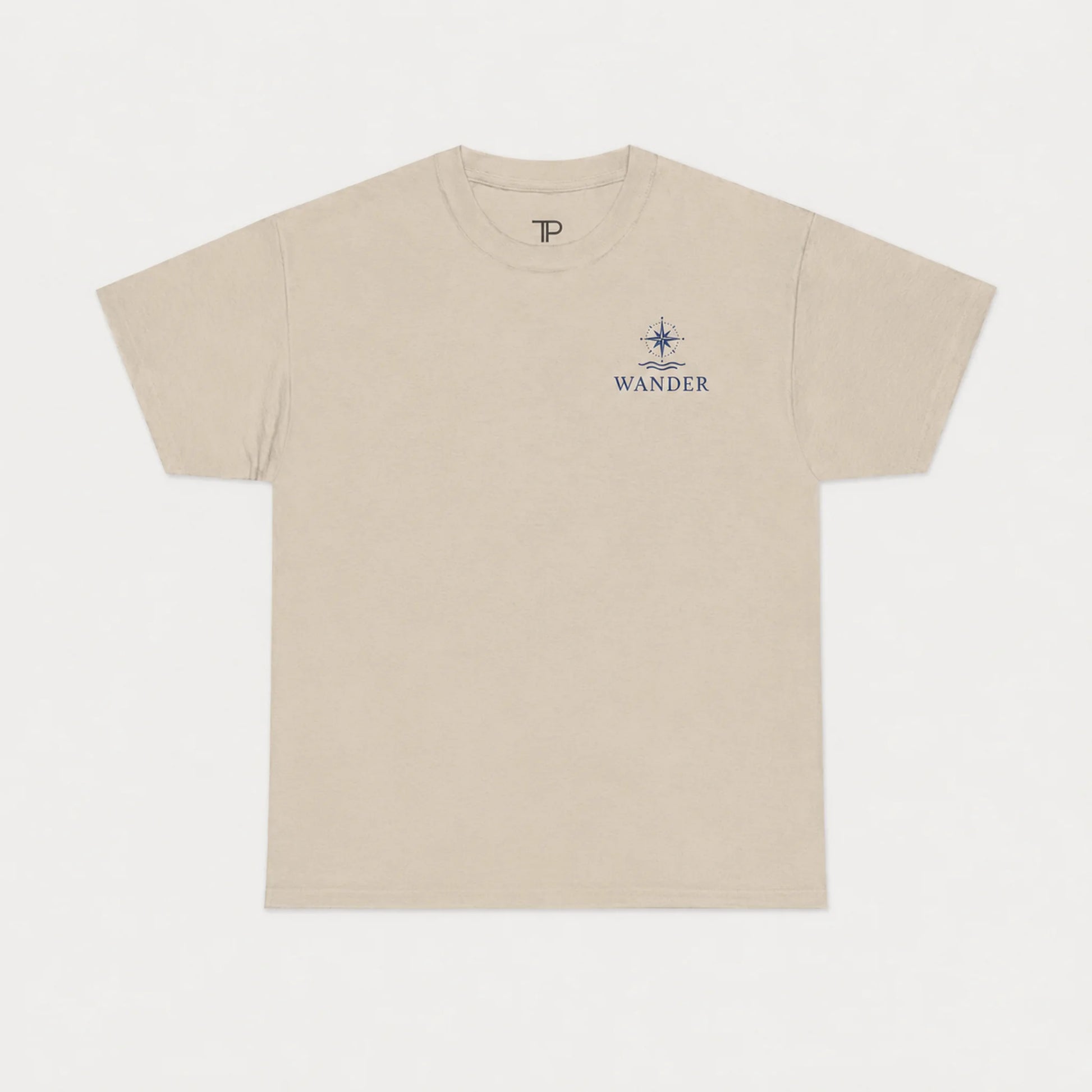 Beige t-shirt with a logo and text on a white background