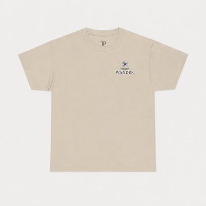 Beige t-shirt with a logo and text on a white background