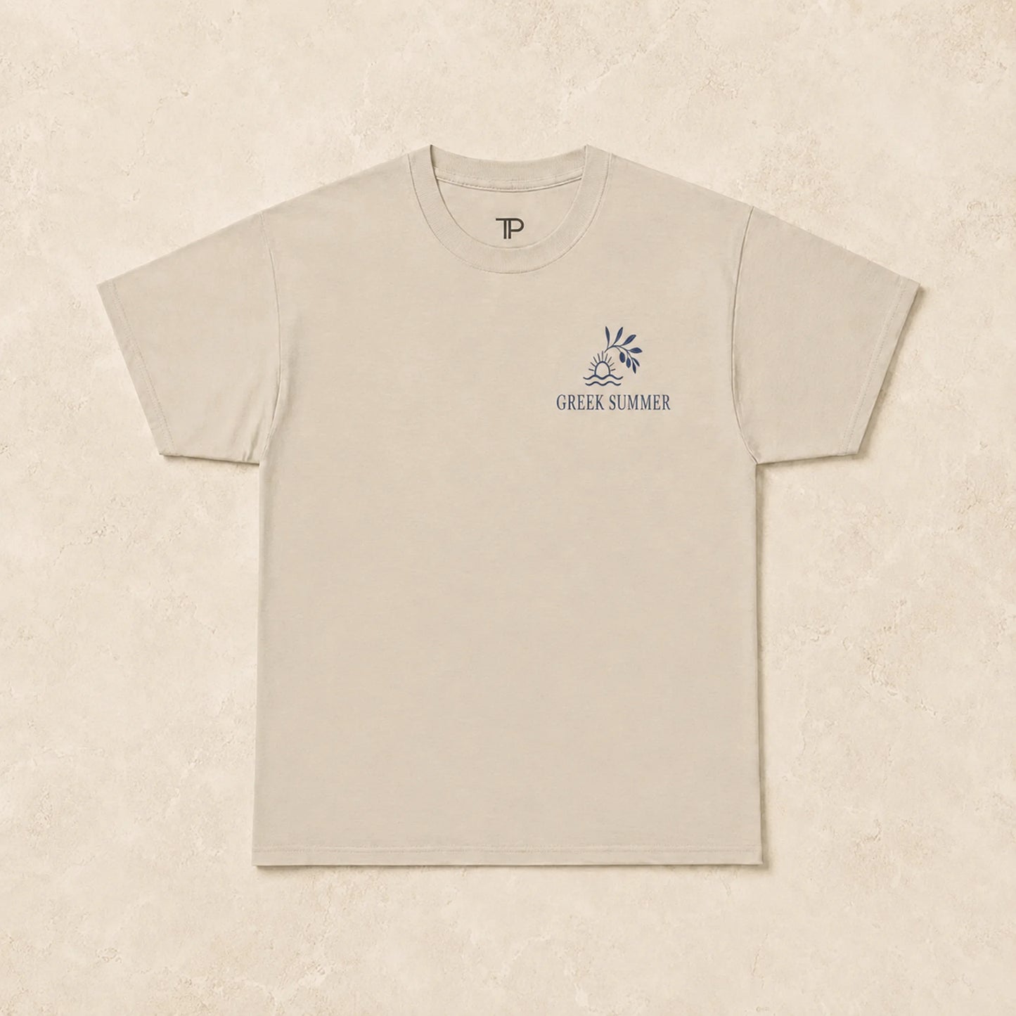 Beige t-shirt with a logo and text on a beige background