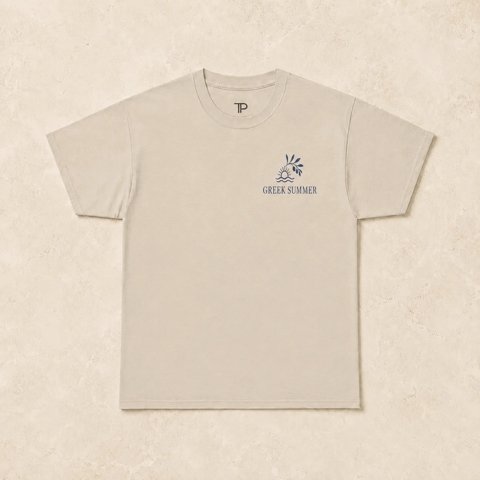 Beige t-shirt with a logo and text on a beige background