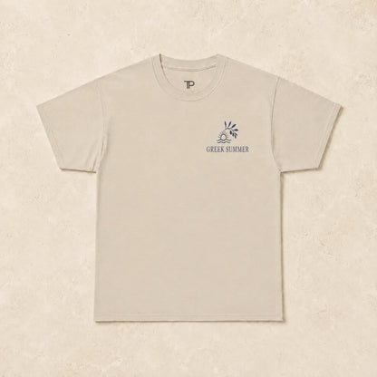 Beige t-shirt with a logo and text on a beige background