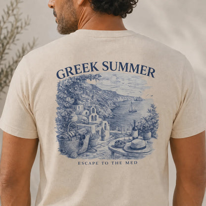 TP HERO: Man wearing a t-shirt with 'Greek Summer' design and text.