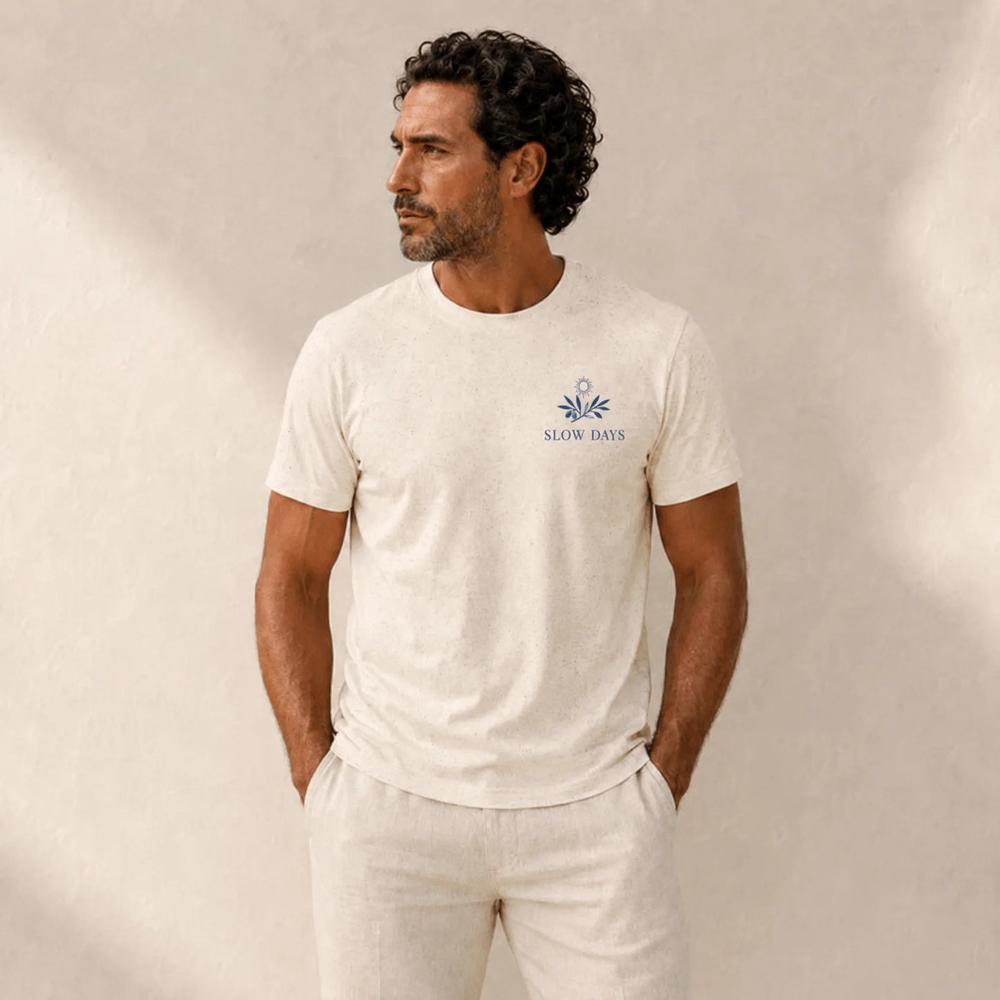Man wearing a 'Slow Days' t-shirt