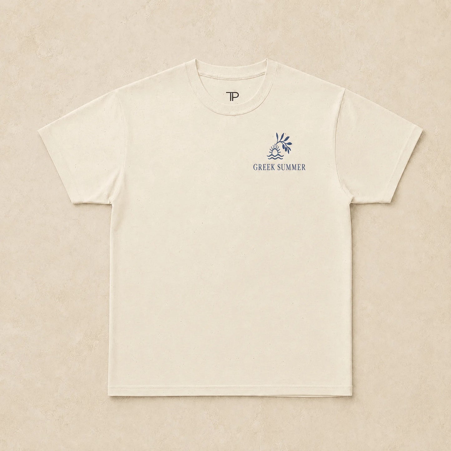 Beige t-shirt with 'Greek Summer' logo on a beige background