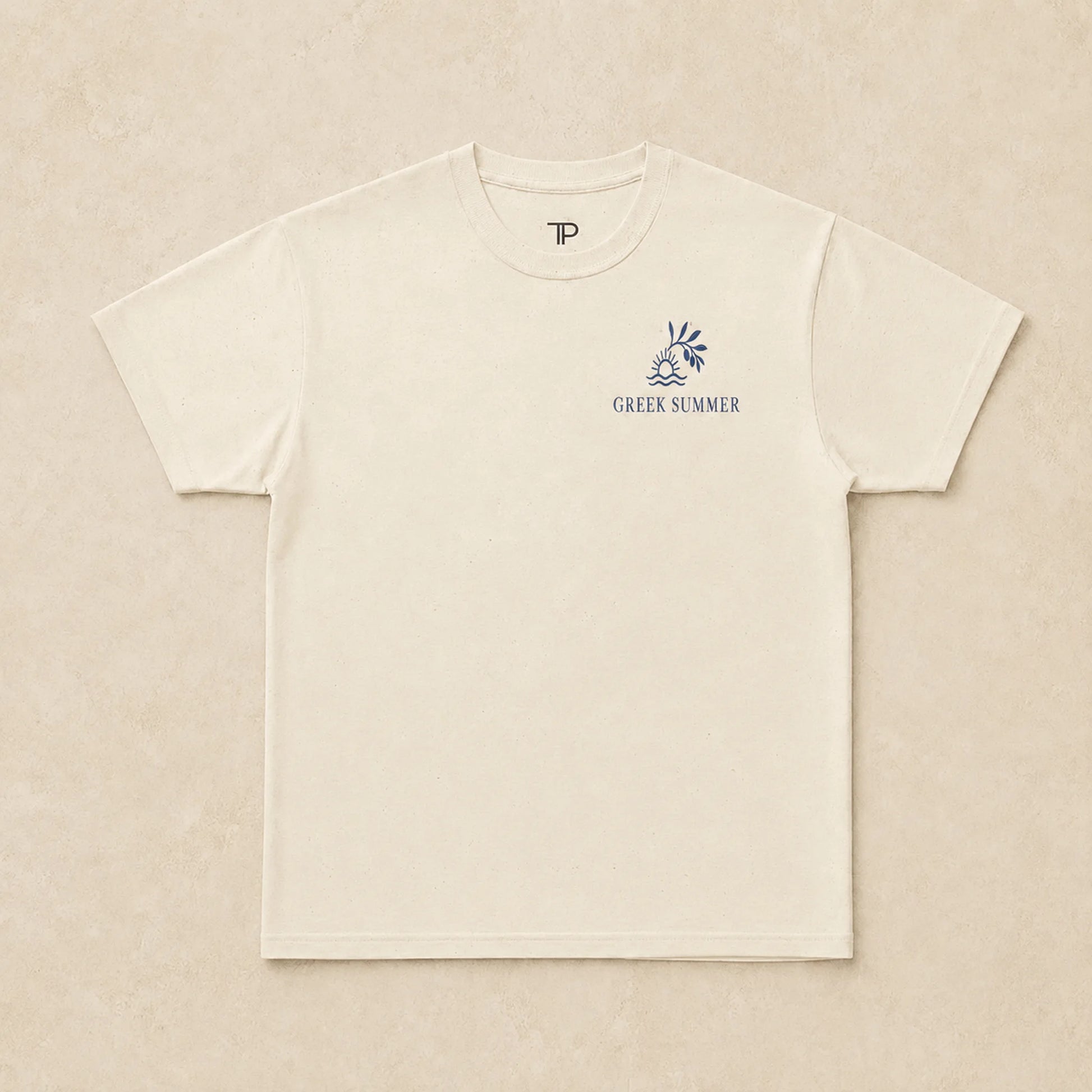 Beige t-shirt with 'Greek Summer' logo on a beige background