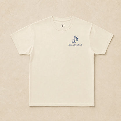 Beige t-shirt with 'Greek Summer' logo on a beige background