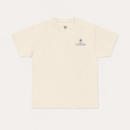 Beige t-shirt with a logo and text on a white background
