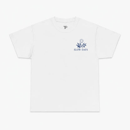 White  t-shirt with 'Slow Days' logo on a white background