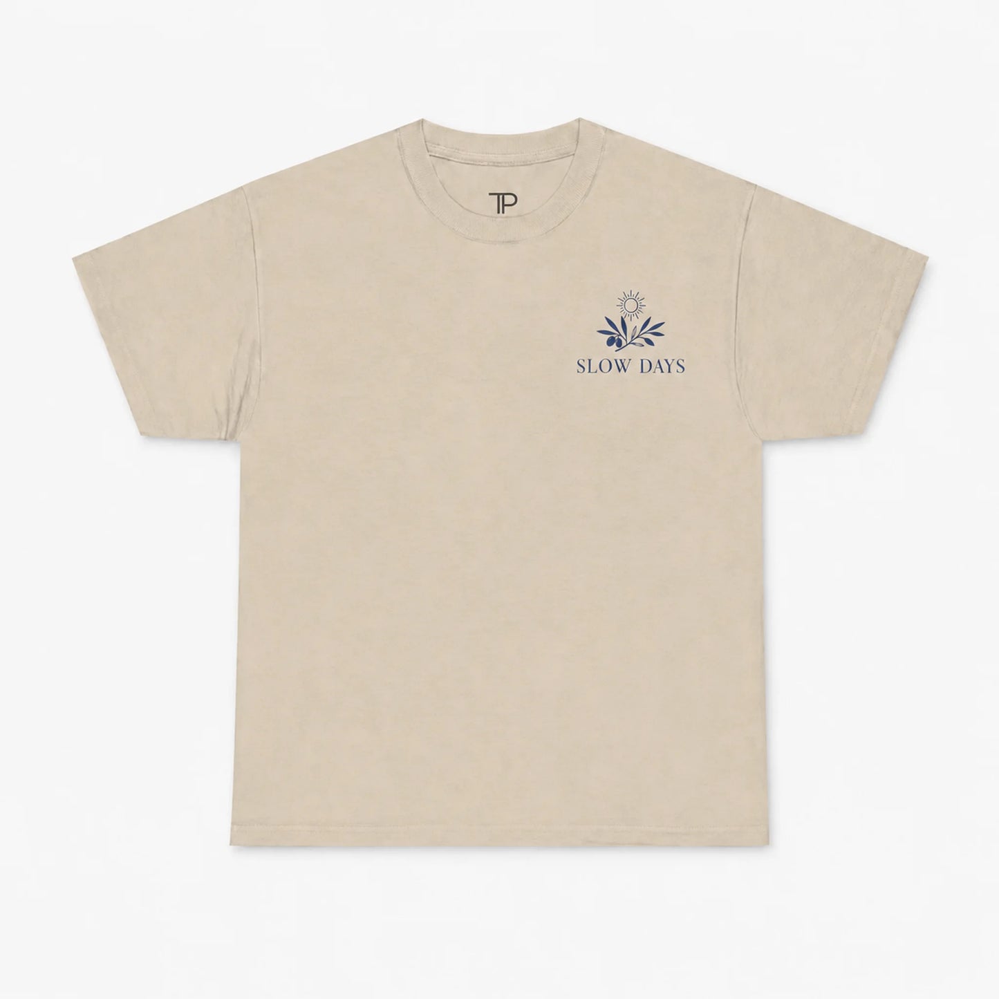 Natural  t-shirt with 'Slow Days' logo on a white background