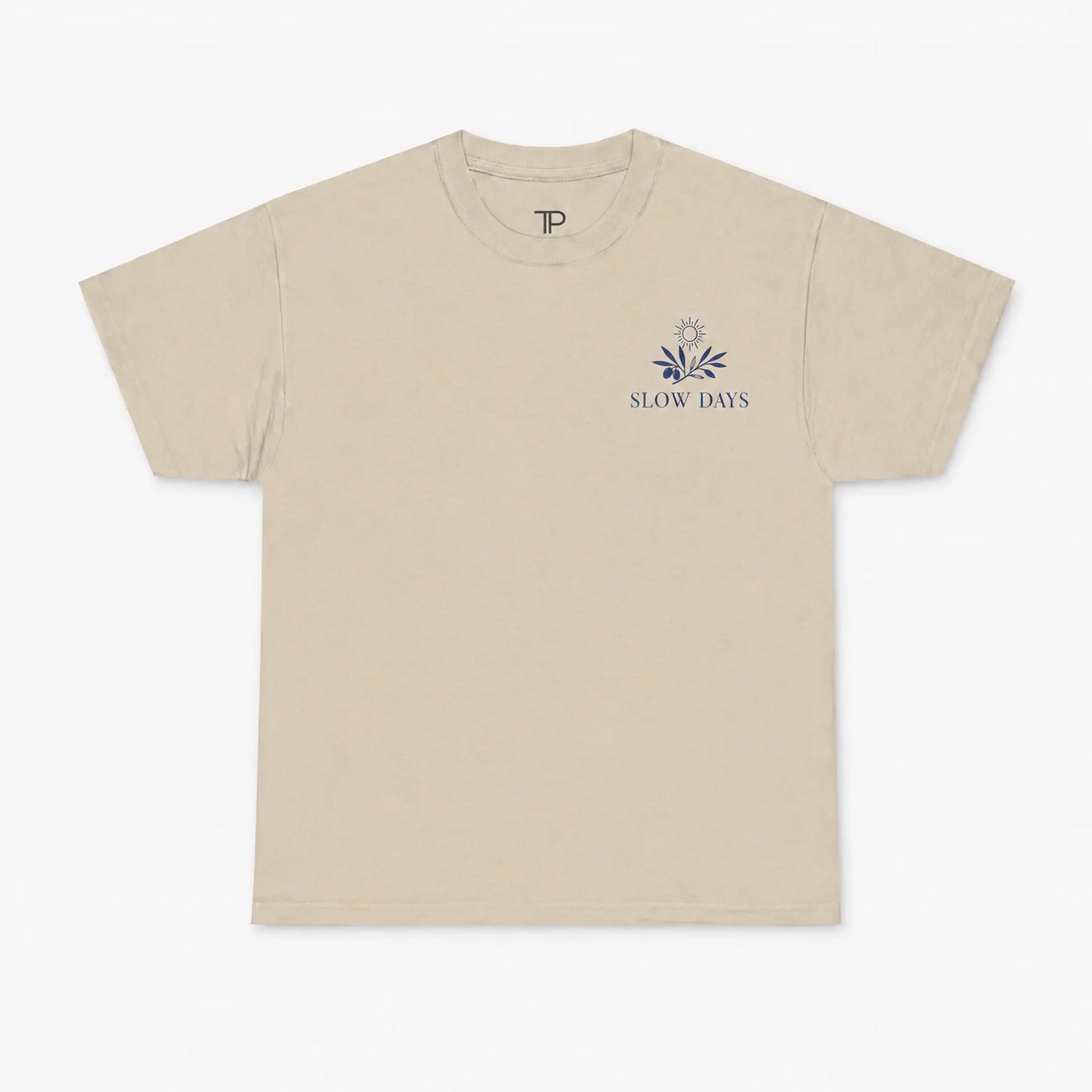 Natural  t-shirt with 'Slow Days' logo on a white background