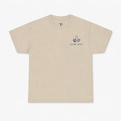 Natural  t-shirt with 'Slow Days' logo on a white background