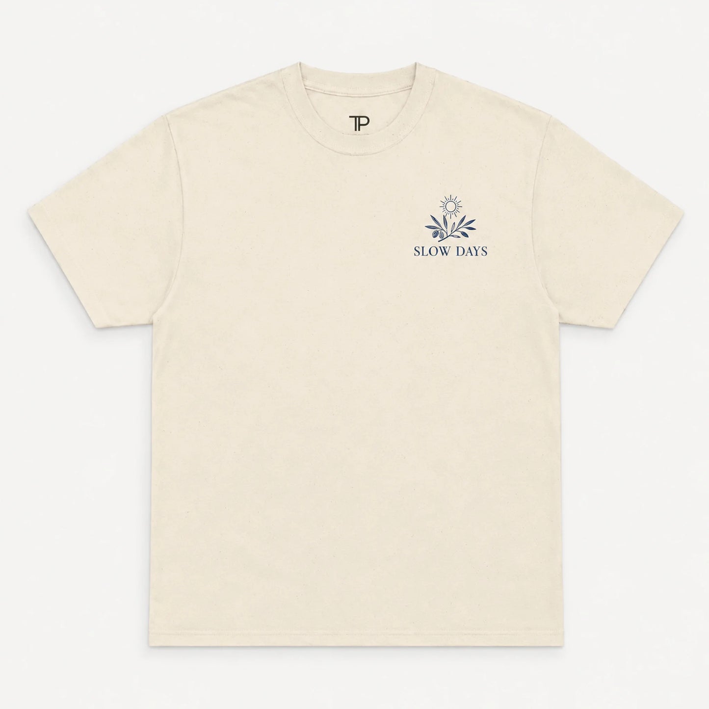 Beige t-shirt with 'Slow Days' logo on a white background