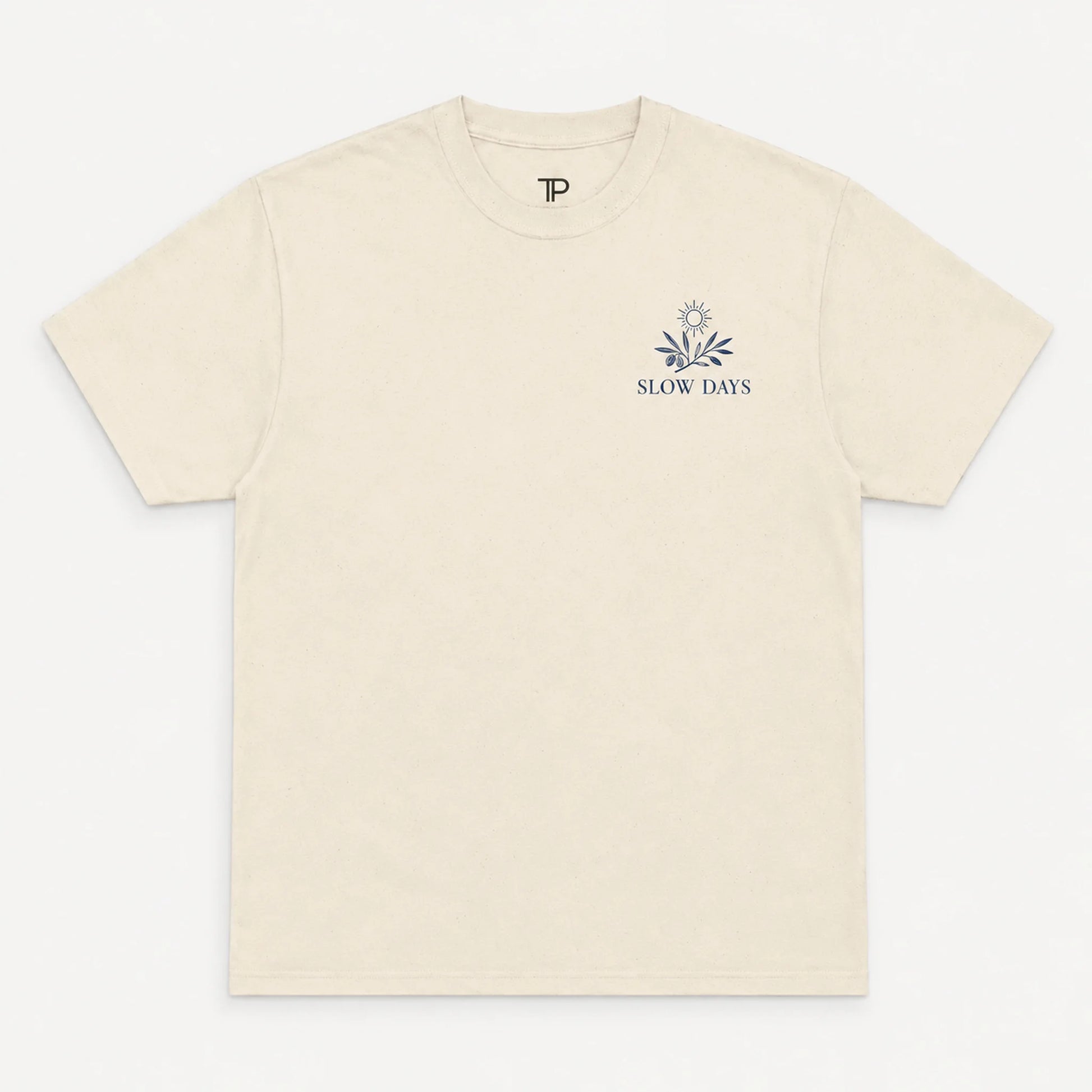 Beige t-shirt with 'Slow Days' logo on a white background