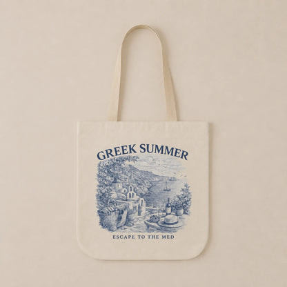 Tote bag with 'Greek Summer' design and text on a beige background