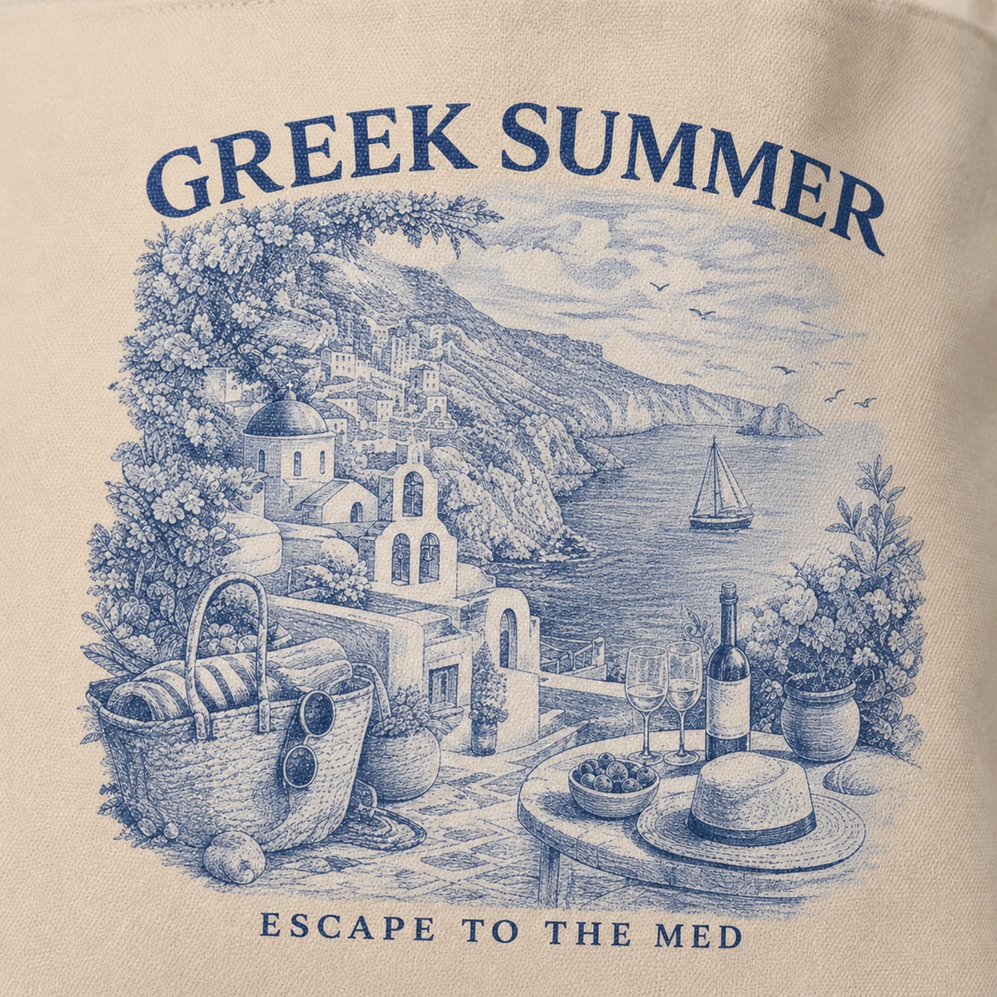 Illustration of a Greek coastal scene with 'Greek Summer' text on a beige background