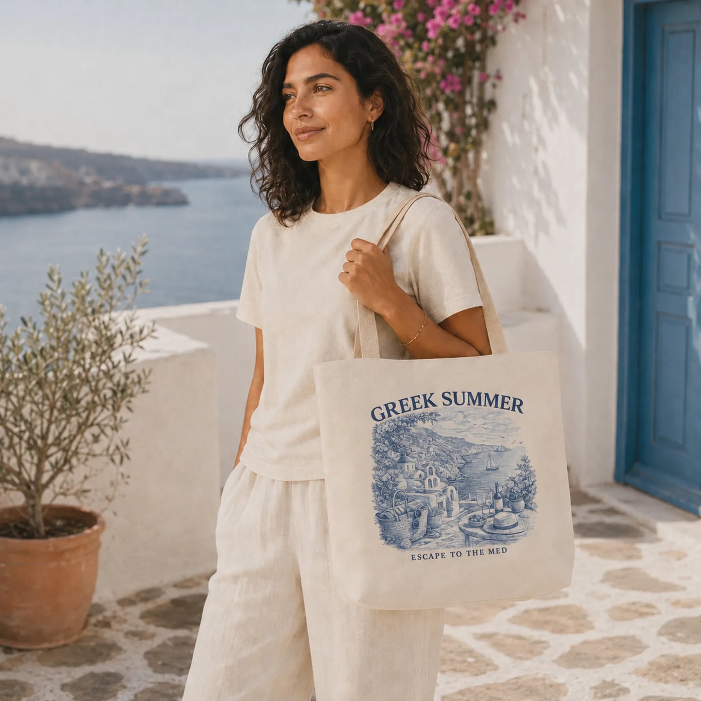 Woman holding a 'Greek Summer' tote bag with a scenic design, standing in a picturesque outdoor setting.