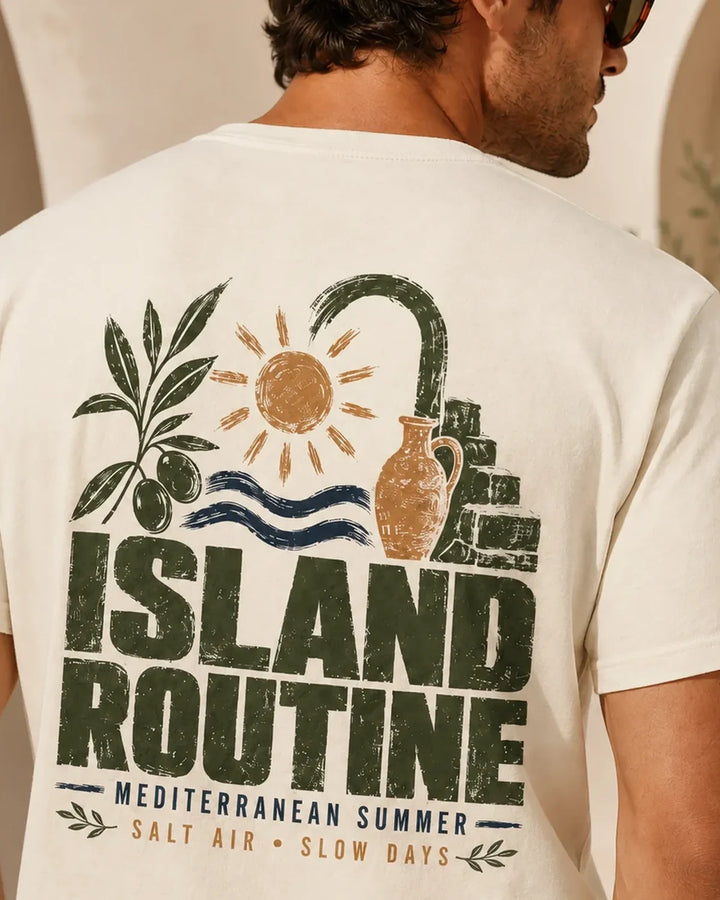 Island Routine Resortwear T-Shirt - Mediterranean Summer Back Print Tee, ToldPrint Mediterranean graphic t-shirt