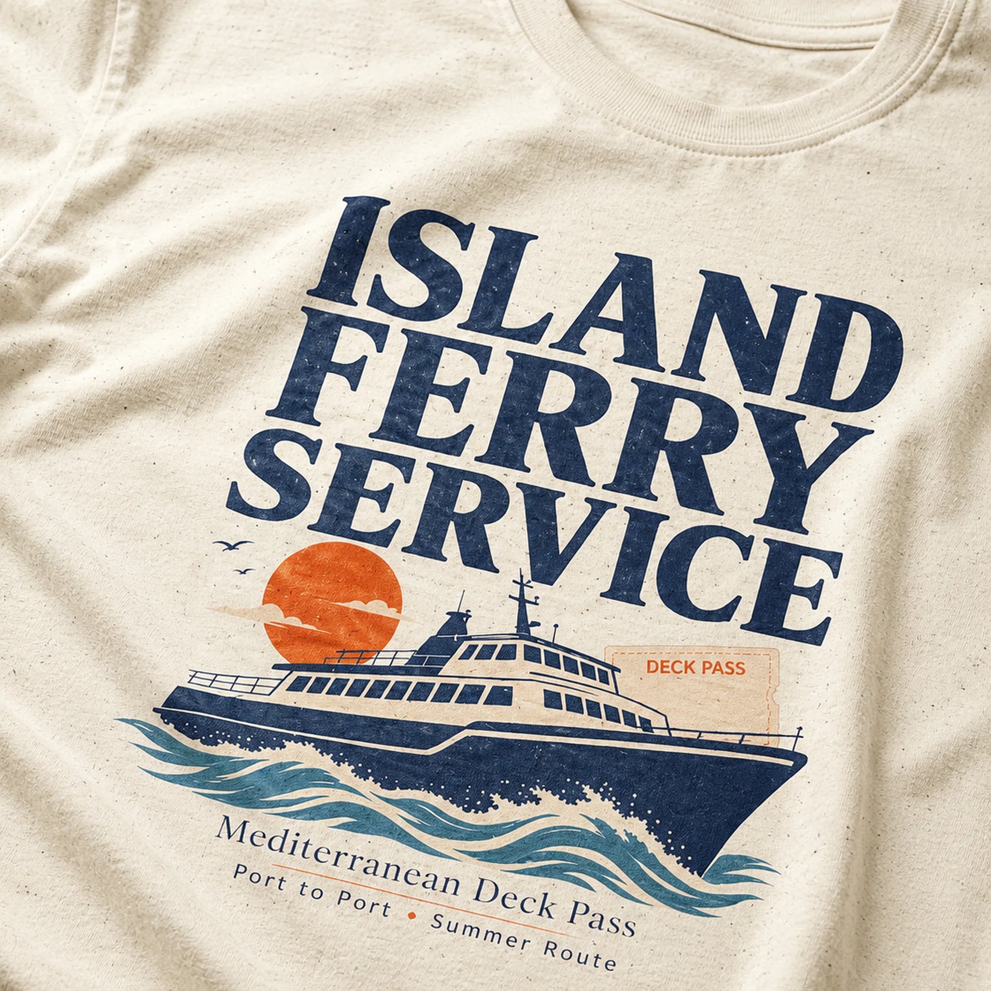 Close-up of Mediterranean ferry graphic print with navy, terracotta and sea blue colors