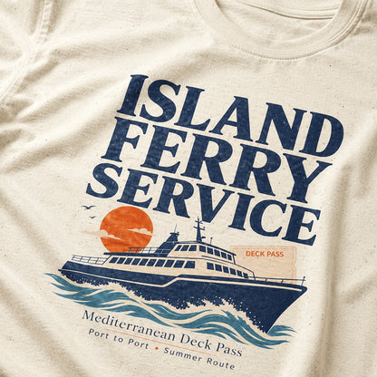 Close-up of Mediterranean ferry graphic print with navy, terracotta and sea blue colors