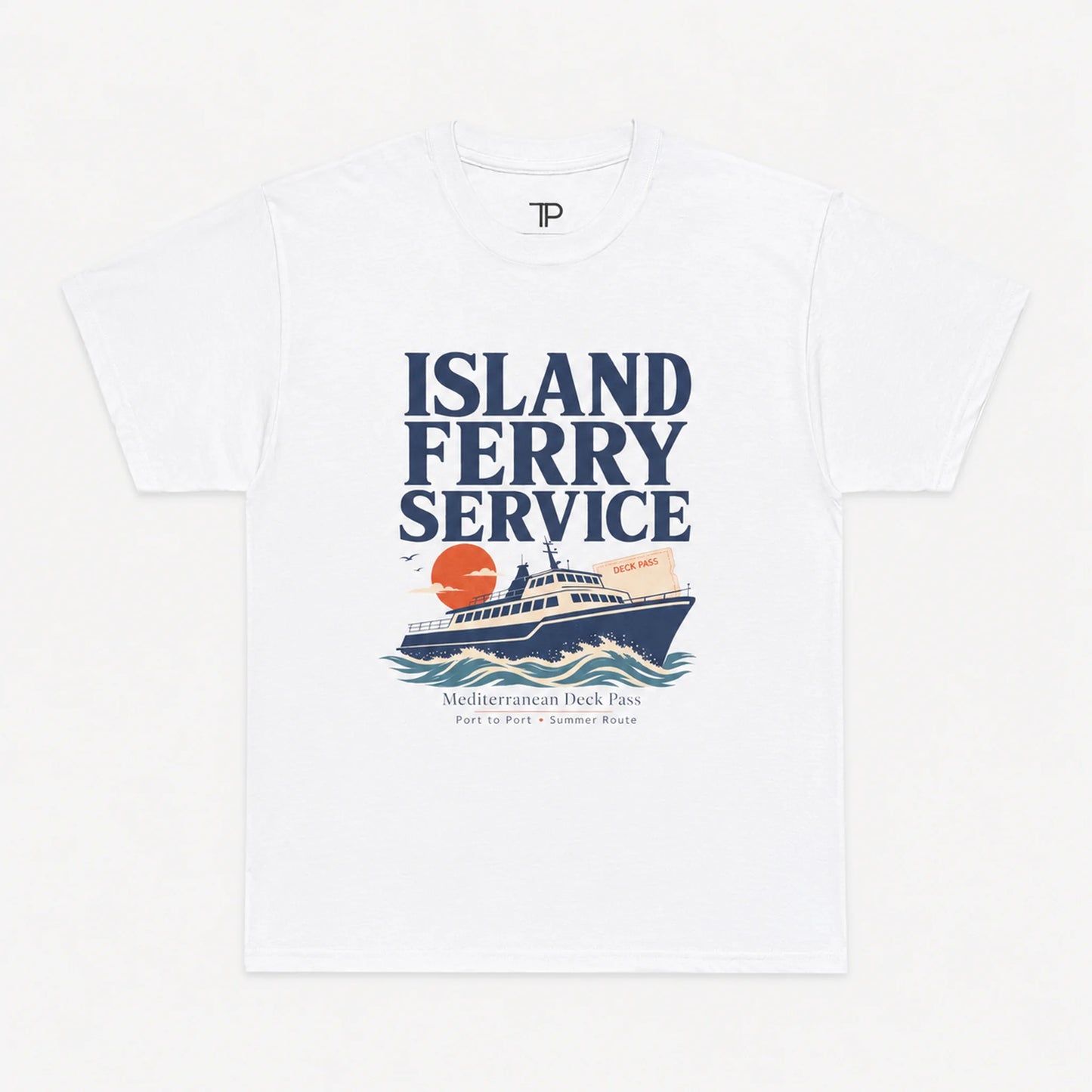 A White crewneck t-shirt featuring a retro-style graphic print of an 'Island Ferry Service' cruise ship with a sunset and Mediterranean Deck Pass text, displayed flat against a light gray background.