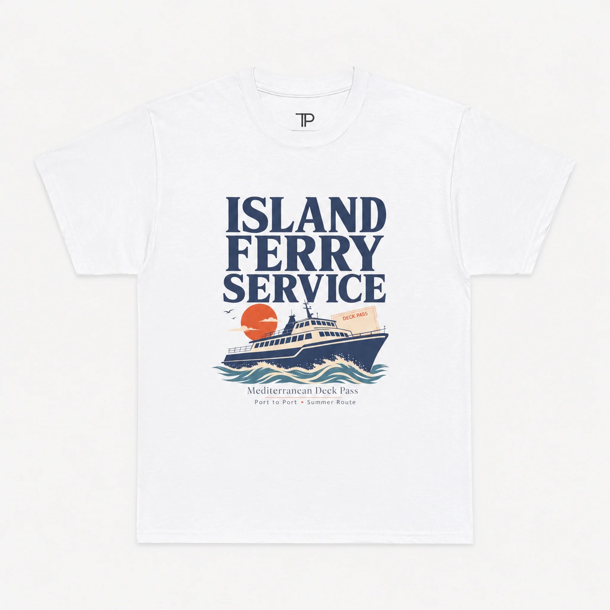A White crewneck t-shirt featuring a retro-style graphic print of an 'Island Ferry Service' cruise ship with a sunset and Mediterranean Deck Pass text, displayed flat against a light gray background.