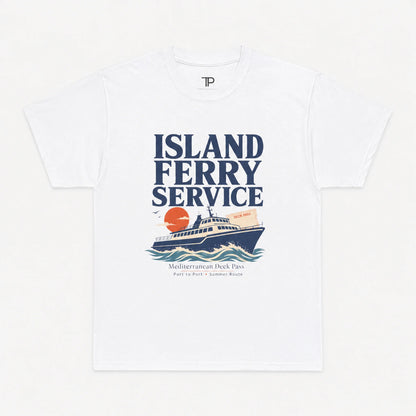 A White crewneck t-shirt featuring a retro-style graphic print of an 'Island Ferry Service' cruise ship with a sunset and Mediterranean Deck Pass text, displayed flat against a light gray background.