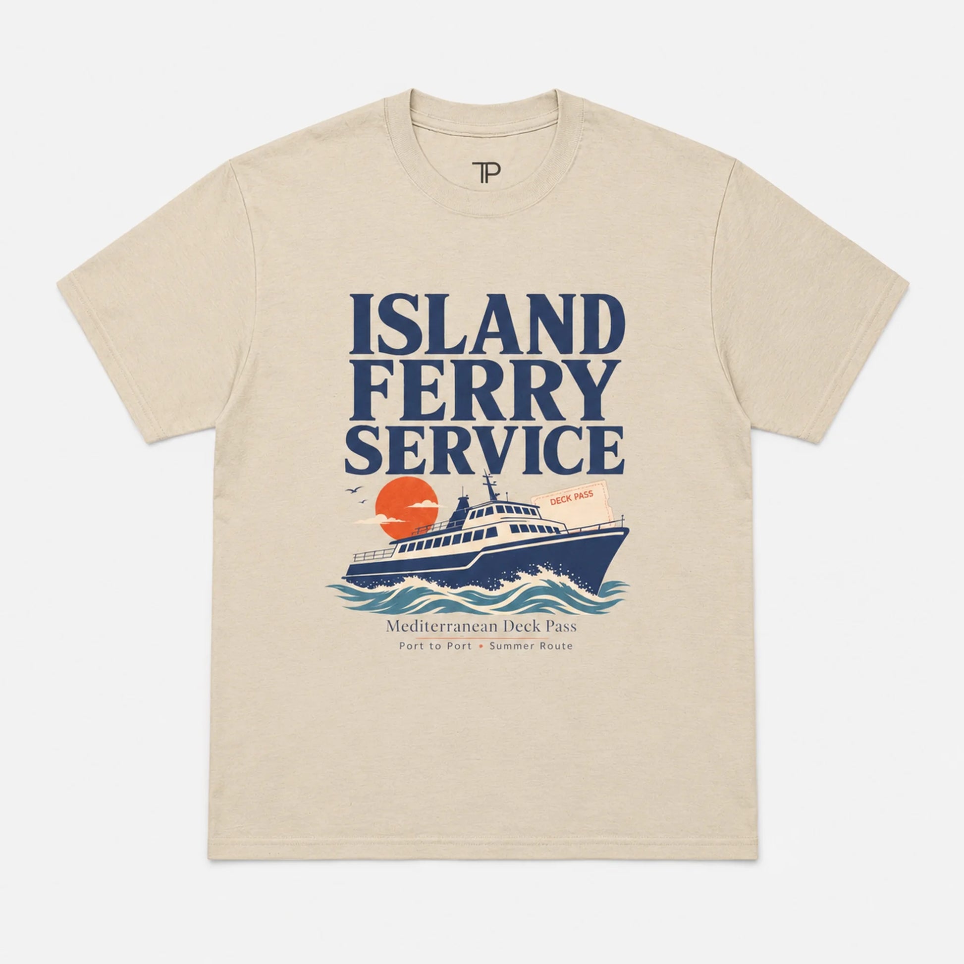 A beige crewneck t-shirt featuring a retro-style graphic print of an 'Island Ferry Service' cruise ship with a sunset and Mediterranean Deck Pass text, displayed flat against a light gray background.