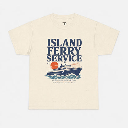 An off-white short-sleeve t-shirt with a vintage-style graphic print reading 'ISLAND FERRY SERVICE' in navy blue, featuring an illustration of a ferry, waves, and a sunset.