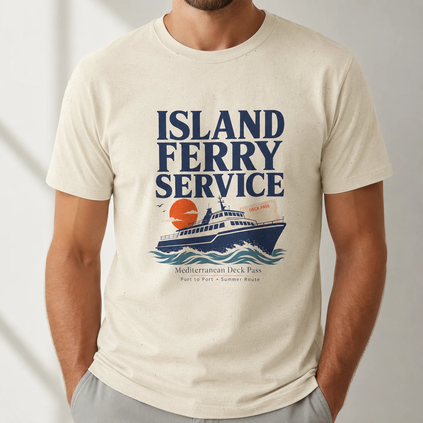 TP HERO: A man wearing a cream-colored t-shirt with a navy blue and orange graphic that reads 'ISLAND FERRY SERVICE' above an illustration of a ferry and waves.