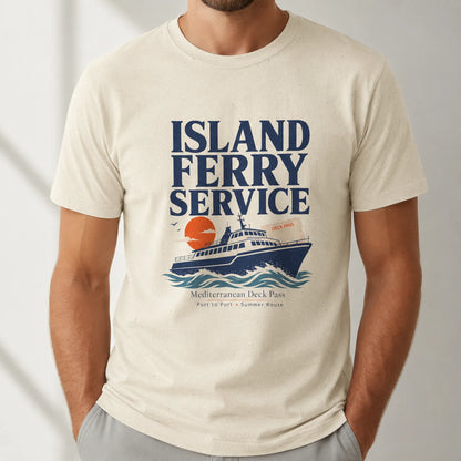 TP HERO: A man wearing a cream-colored t-shirt with a navy blue and orange graphic that reads 'ISLAND FERRY SERVICE' above an illustration of a ferry and waves.