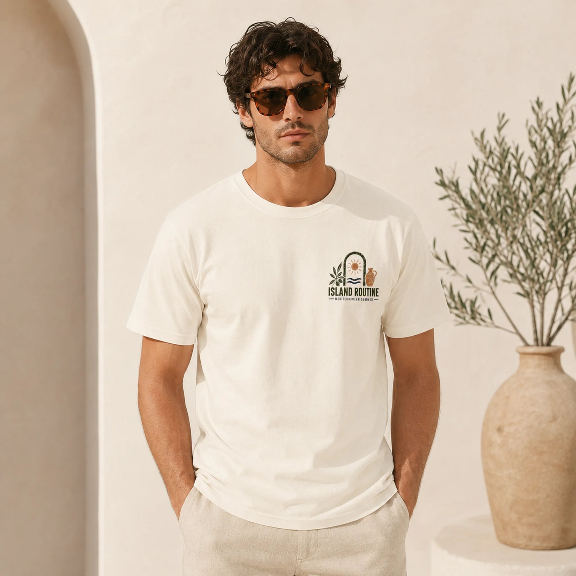 Man wearing a white t-shirt with a logo, standing in a neutral setting with a vase and plant.
