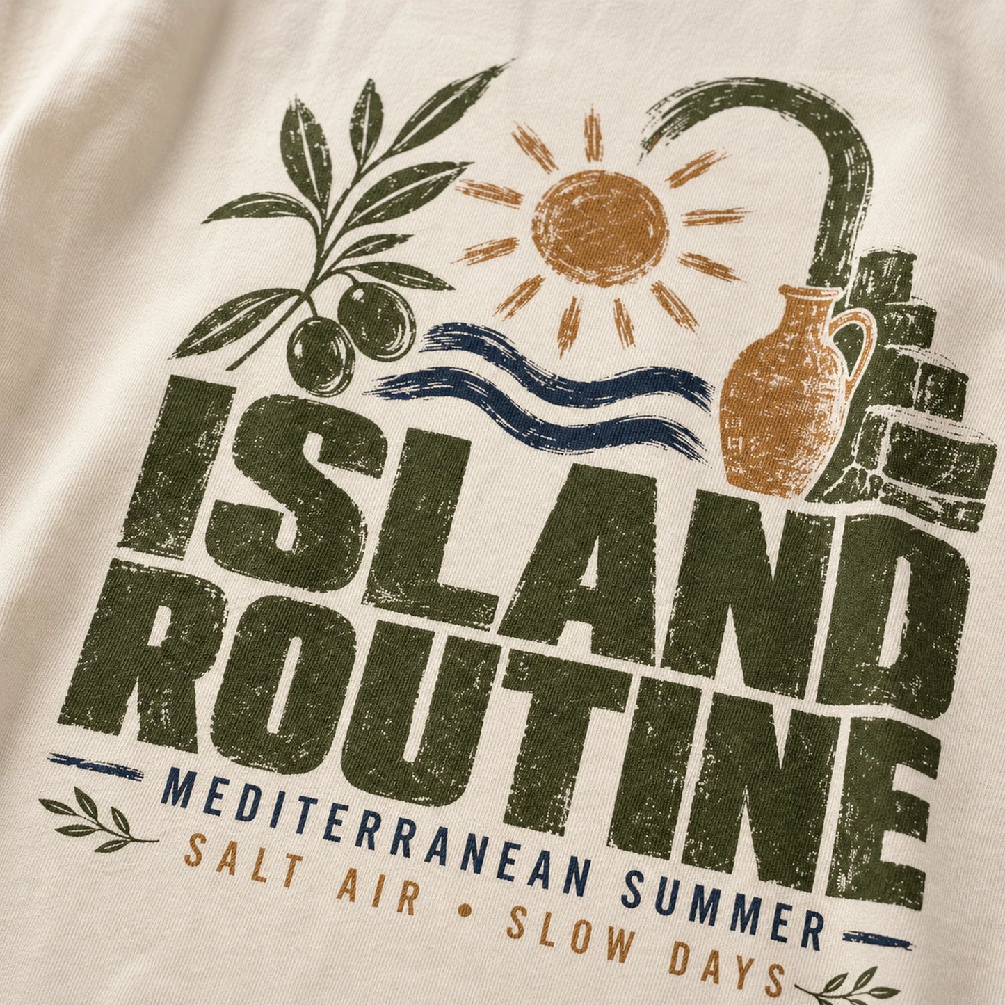 T-shirt design with 'Island Routine' text and Mediterranean-themed graphics on a beige background.
