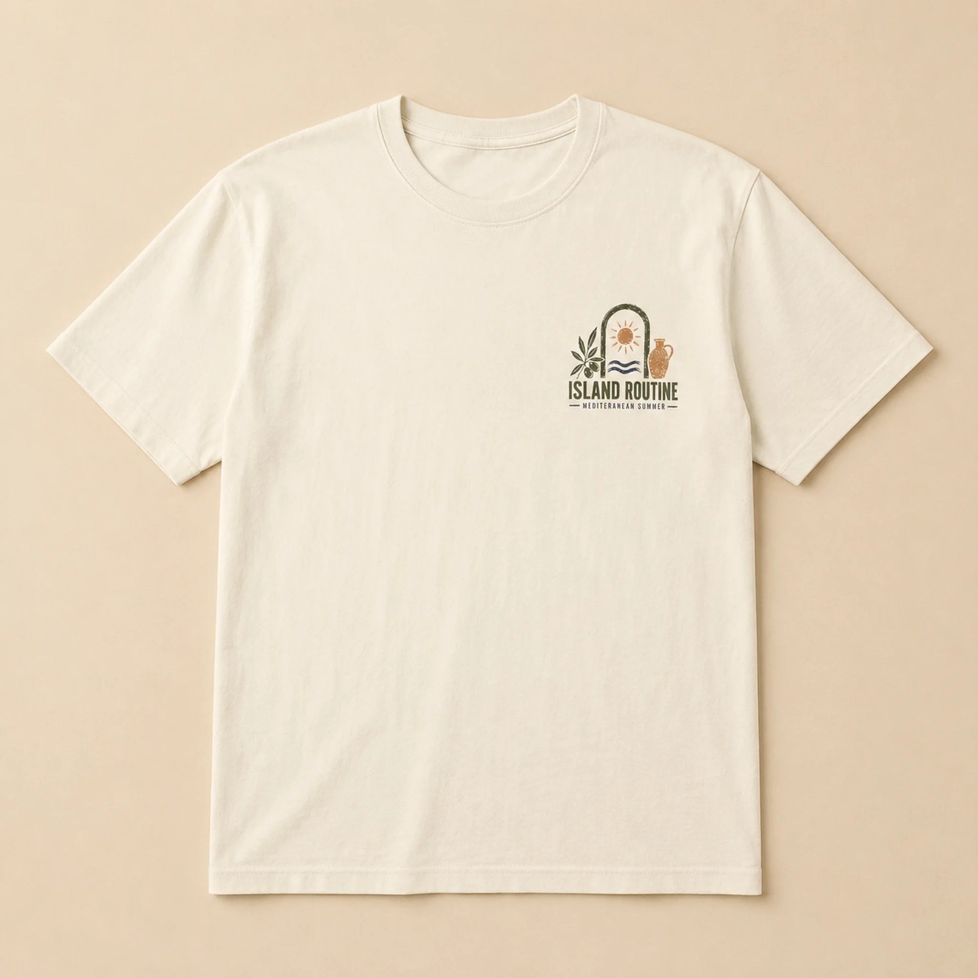 Beige t-shirt with a logo on a beige background