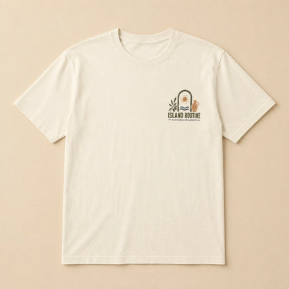 Beige t-shirt with a logo on a beige background