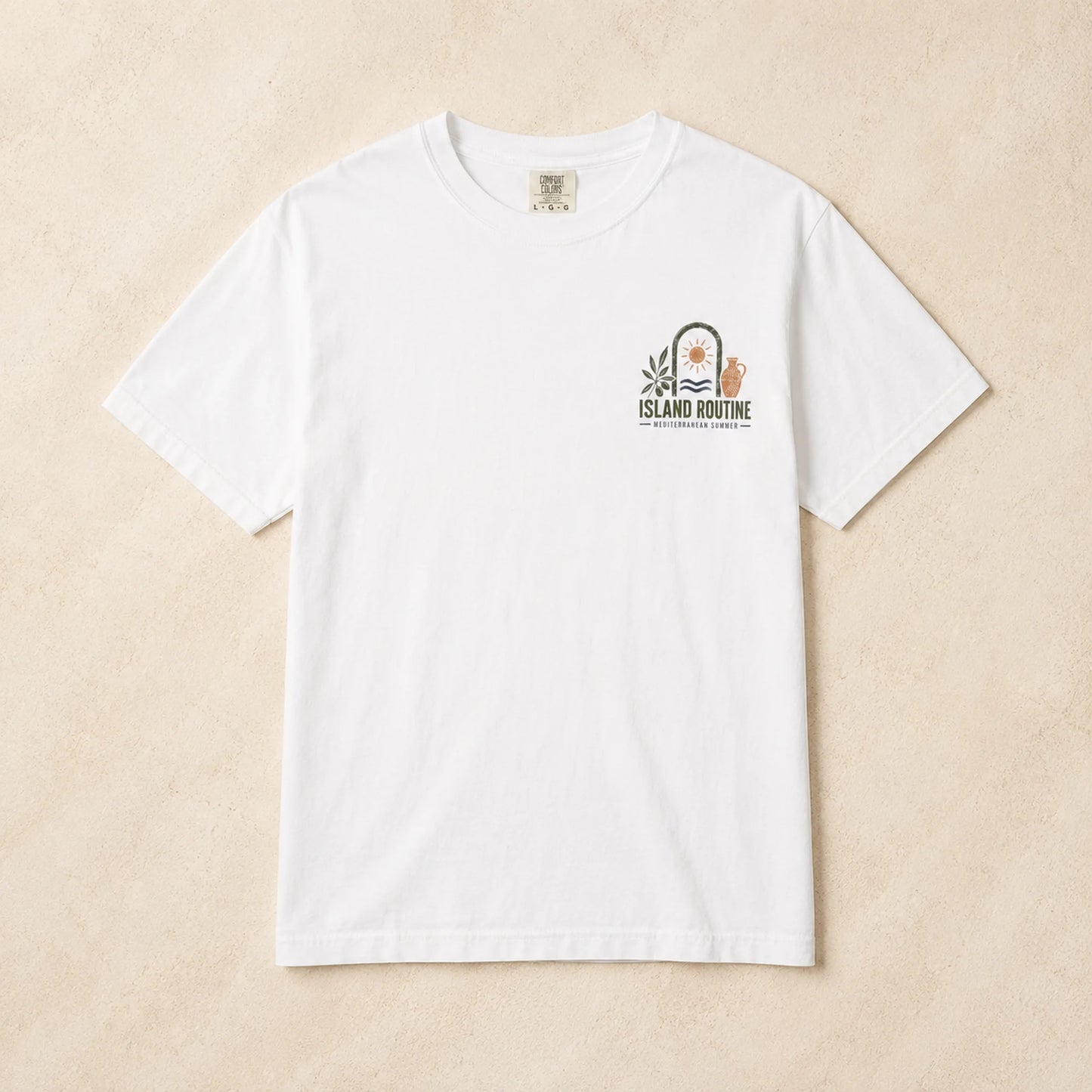 White t-shirt with a logo on a beige background