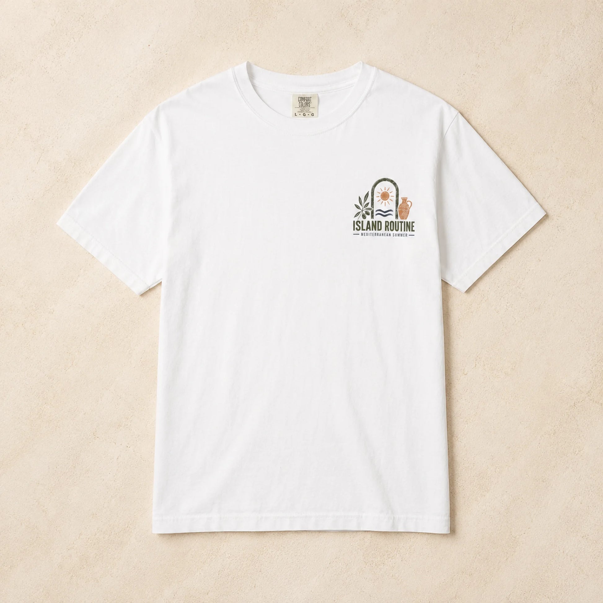 White t-shirt with a logo on a beige background