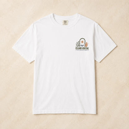 White t-shirt with a logo on a beige background