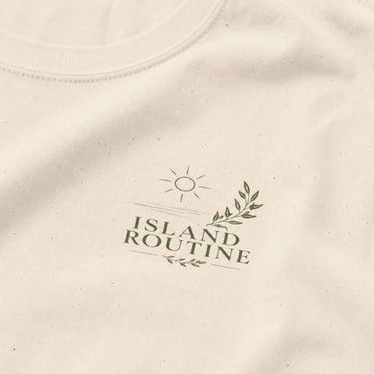 Beige fabric with 'Island Routine' logo printed on it