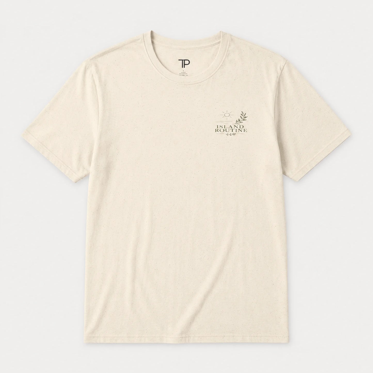 Beige t-shirt with a logo and text on a light gray background